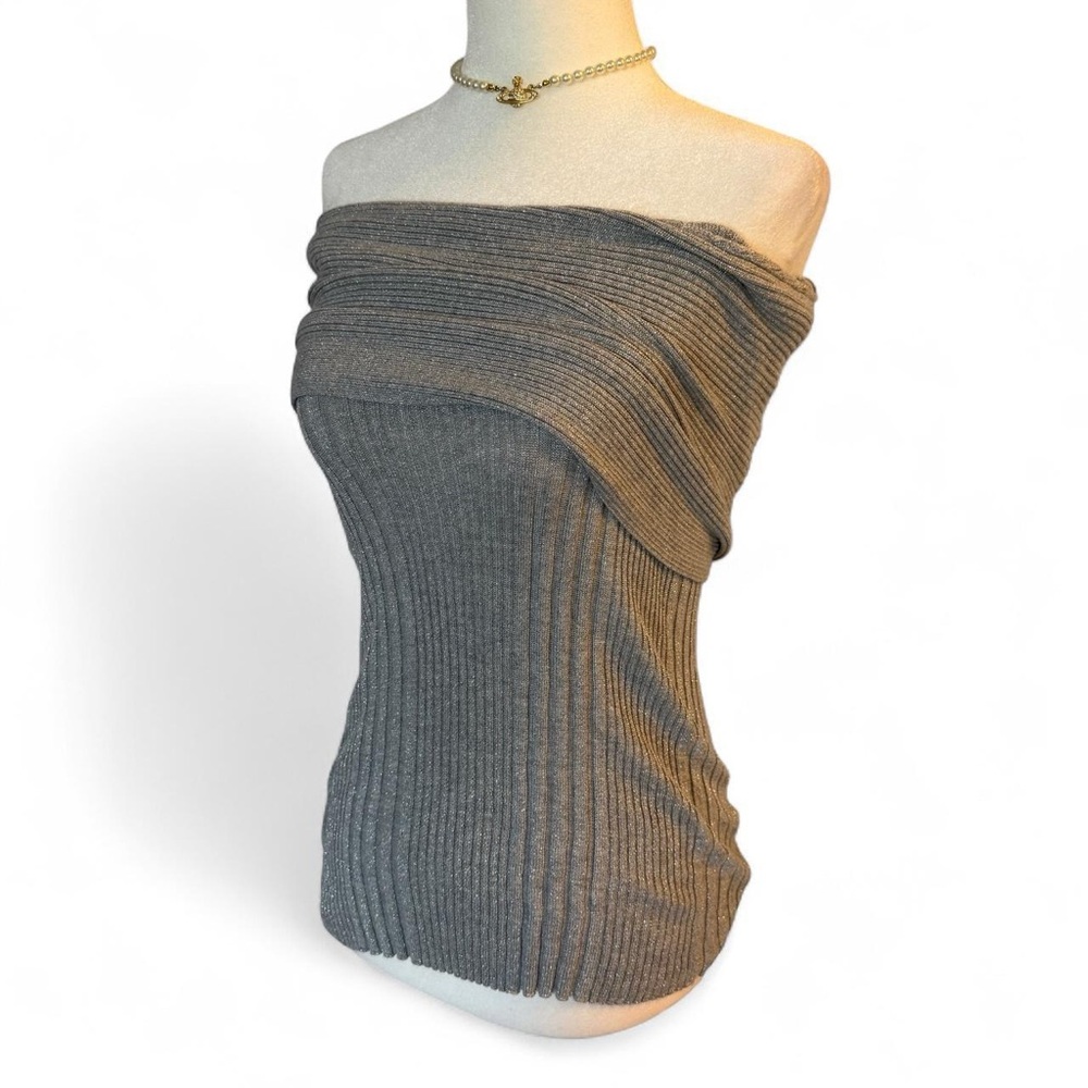 Sparkly 2000s Diva Off-the-shoulder Grey Knit Sleeveless Sweater Joseph A - Picture 2 of 5